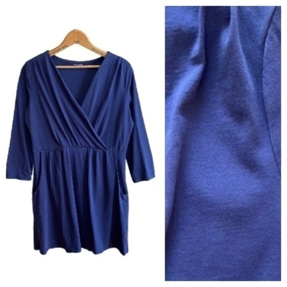 Garnett Hill Blue Pima Cotton Faux Wrap Long Sleeve Mini Dress Medium